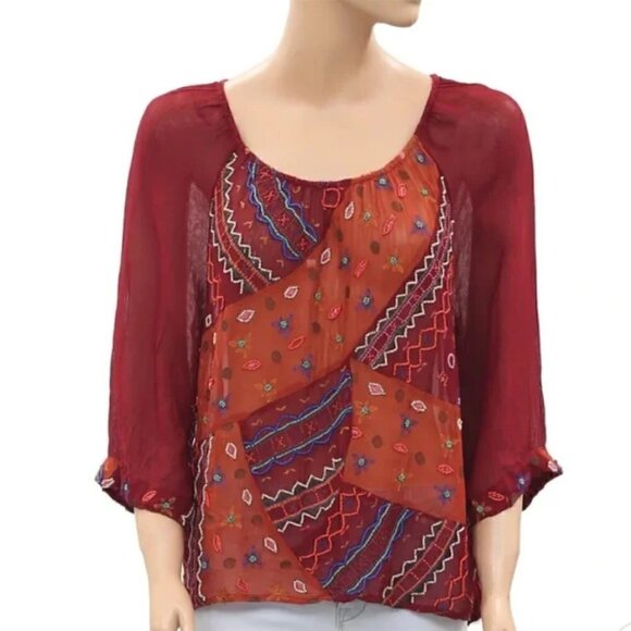 Lucky Brand Blouse M Sheer Beaded Boho Top Embroidered Burgundy Festival Gypsy - Picture 2 of 4
